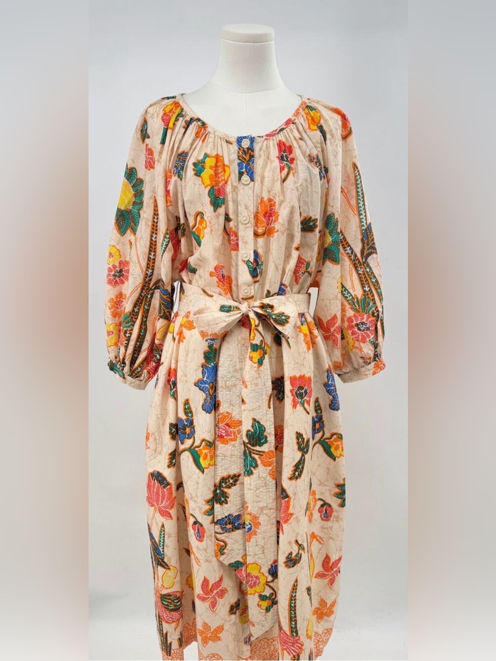 Cara Cara Dodo Bird Simone Dress Beige Floral Midi Caftan Flowy Cotton M/L
